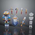 3D Pixel Warrior Character With Armor Sword Hammer Shield And Unpainted Model 3d model