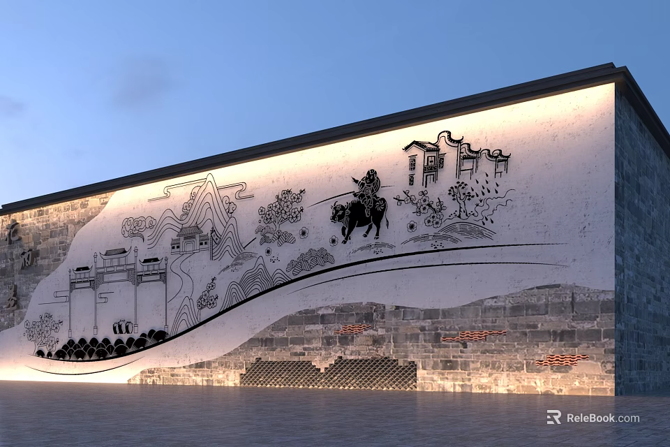 Traditional Building Exterior Wall With Illuminated Mural Of Horseback Figure And Historic Structures 3d model 