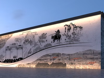 Traditional Building Exterior Wall With Illuminated Mural Of Horseback Figure And Historic Structures 3d model