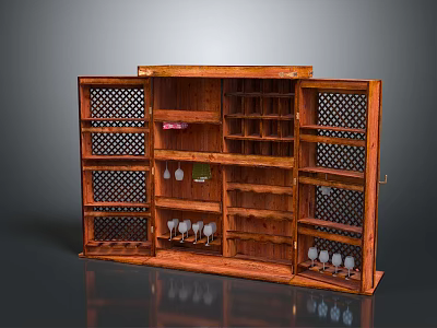 Wooden Wine Cabinet With Lattice Doors Multiple Shelves And Wine Glasses Storage 3d model