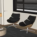 Black Leather Lounge Chairs With Wooden Frame And Metal Base By Window With Blinds