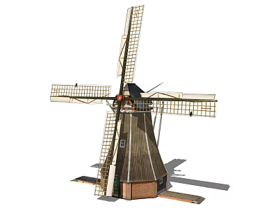 Traditional Windmill Architectural Components Including Wooden Blades And Tower Structure 3d model