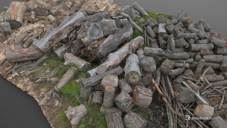 Scattered Pile of Raw Wood Logs and Stones on Grassy Natural Ground 3d model 