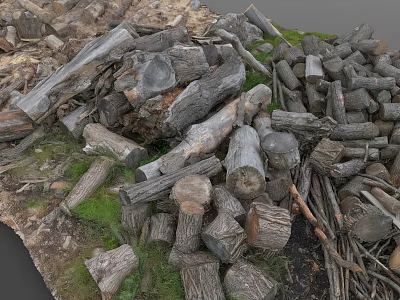 Scattered Pile of Raw Wood Logs and Stones on Grassy Natural Ground 3d model