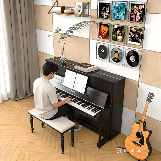 Piano Room Interior With Black Piano Music Sheets Acoustic Guitar And Wall Decorations 3d model 