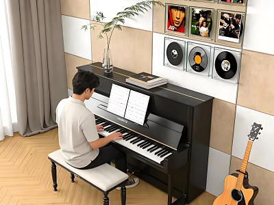 Piano Room Interior With Black Piano Music Sheets Acoustic Guitar And Wall Decorations 3d model