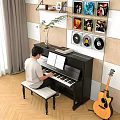 Piano Room Interior With Black Piano Music Sheets Acoustic Guitar And Wall Decorations