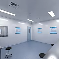 Modern Laboratory Interior With White Walls Ceiling Lights Metal Lab Benches And Blue Flooring