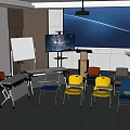Modern School Classroom Setup With Large Screen Podium Whiteboard And Colorful Chairs