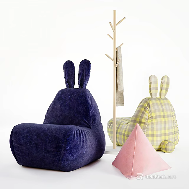 Cute Rabbit Ear Shaped Bean Bag Chair in Dark Blue and Yellow Plaid Design 3d model 