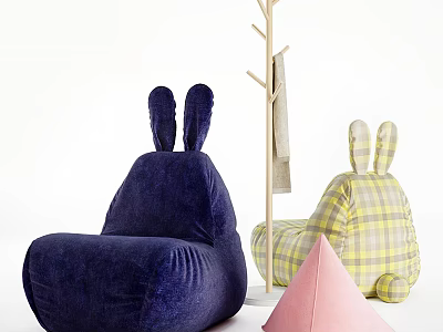 Cute Rabbit Ear Shaped Bean Bag Chair in Dark Blue and Yellow Plaid Design 3d model