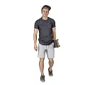 Man Wearing Cap Dark T-Shirt Light Shorts Holding Horn In Grey Background With Reflection