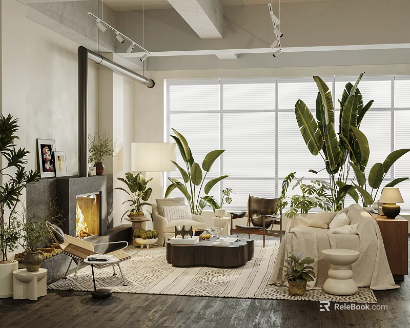 Modern Living Room Interior Design With Fireplace Sofa Green Plants Large Window And Rug 3d model 