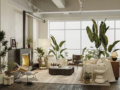 Modern Living Room Interior Design With Fireplace Sofa Green Plants Large Window And Rug 3d model