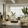 Modern Living Room Interior Design With Fireplace Sofa Green Plants Large Window And Rug