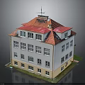 Multi Story Red Roof Building With White Yellow Exterior Many Windows Green Lawn And Pool