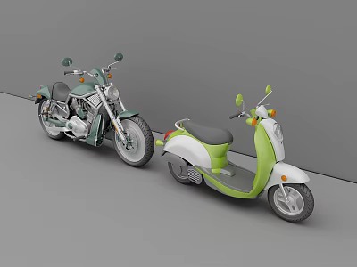 Classic Gray Motorcycle and Green White Modern Scooter Parked Against Gray Wall 3d model