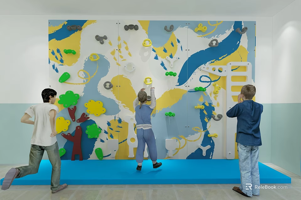 Kindergarten Indoor Activity With Colorful Climbing Wall Kids Climbing Under Adult Supervision On Blue Mat 3d model 