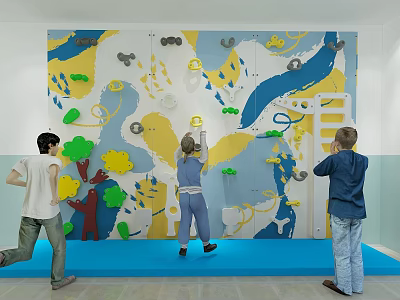Kindergarten Indoor Activity With Colorful Climbing Wall Kids Climbing Under Adult Supervision On Blue Mat 3d model
