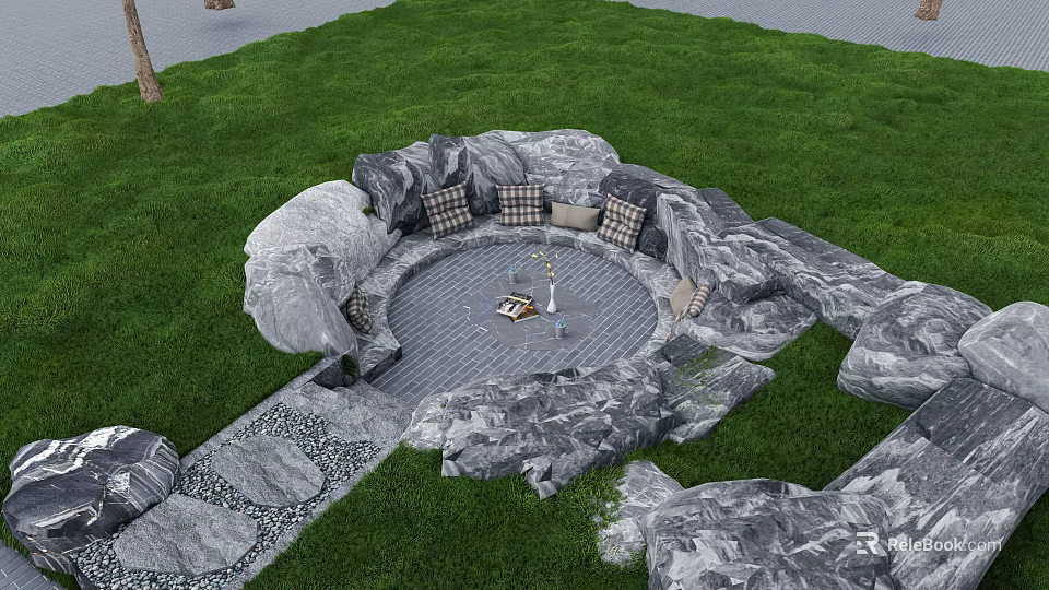 Natural Rock Landscape Seat Design With Circular Layout And Cushioned Seats On Green Grass 3d model 