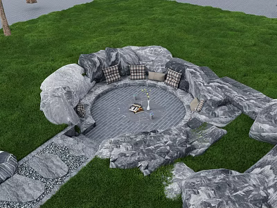 Natural Rock Landscape Seat Design With Circular Layout And Cushioned Seats On Green Grass 3d model