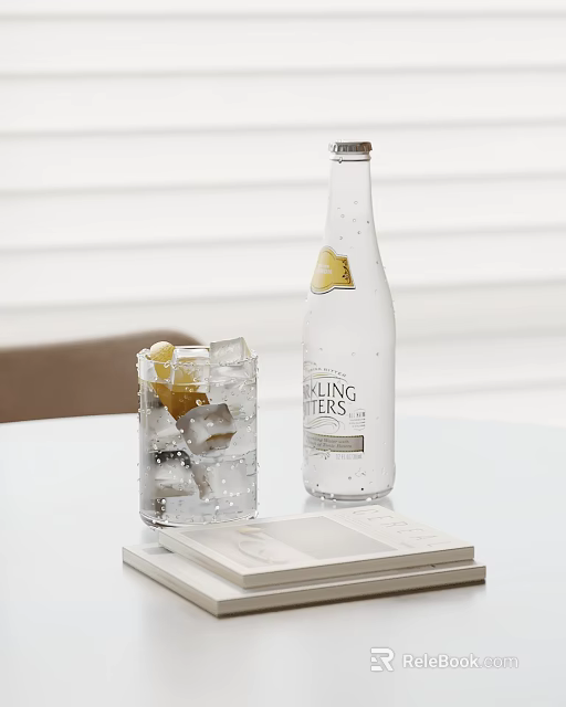 Sparkling Water Bottle With Glass Of Ice Lemon Slices And Book On White Table 3d model 