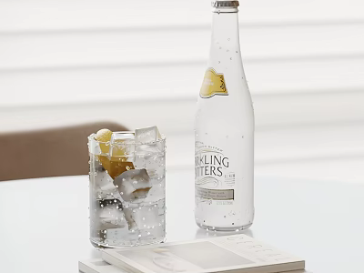 Sparkling Water Bottle With Glass Of Ice Lemon Slices And Book On White Table 3d model