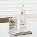 Sparkling Water Bottle With Glass Of Ice Lemon Slices And Book On White Table