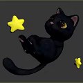 Cute Black Cartoon Cat Character With Pink Ears Yellow Eyes And Yellow Stars