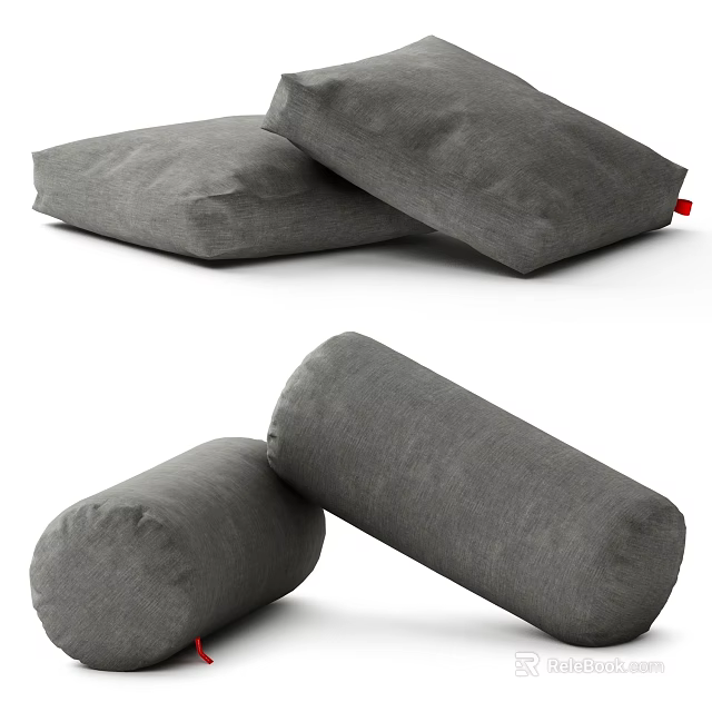Gray Square And Cylindrical Fabric Pillows Stacked For Modern Home Decor 3d model 