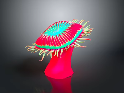 Fluorescent Mushroom Shaped Game Movie Character With Red Body Green Yellow Tentacles On Black Background 3d model