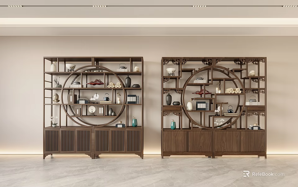 Wooden Chinese Display Shelves With Circular Openwork Design In Modern Interior Holding Vases And Ornaments 3d model 