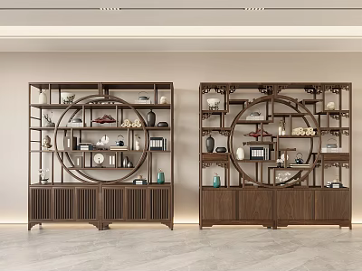 Wooden Chinese Display Shelves With Circular Openwork Design In Modern Interior Holding Vases And Ornaments 3d model