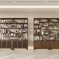 Wooden Chinese Display Shelves With Circular Openwork Design In Modern Interior Holding Vases And Ornaments