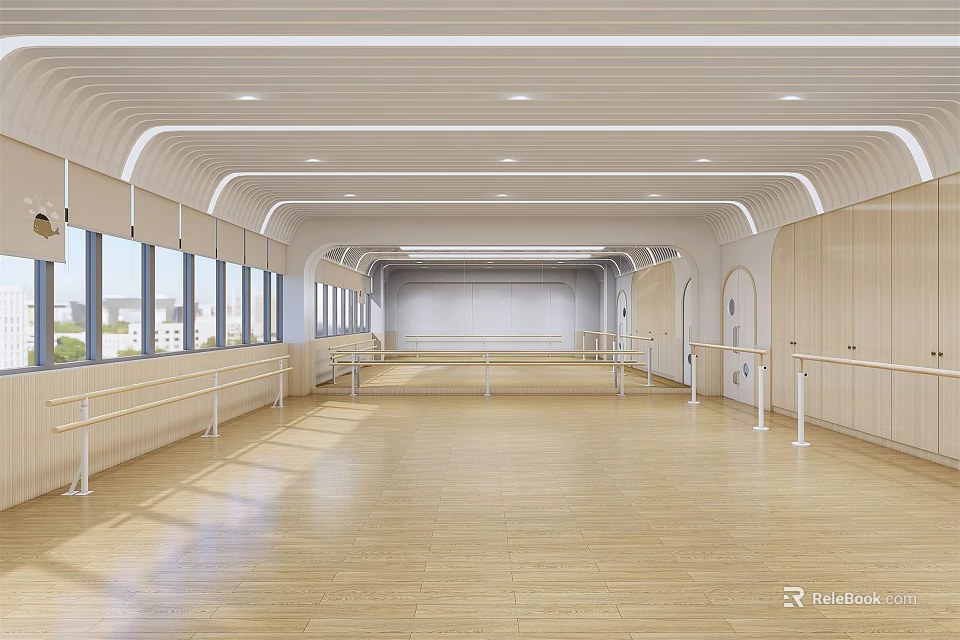 Spacious Dance Studio With Wooden Floor Large Windows And Ballet Barres For Fitness Training 3d model 