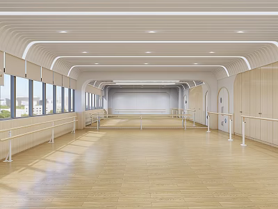 Spacious Dance Studio With Wooden Floor Large Windows And Ballet Barres For Fitness Training 3d model