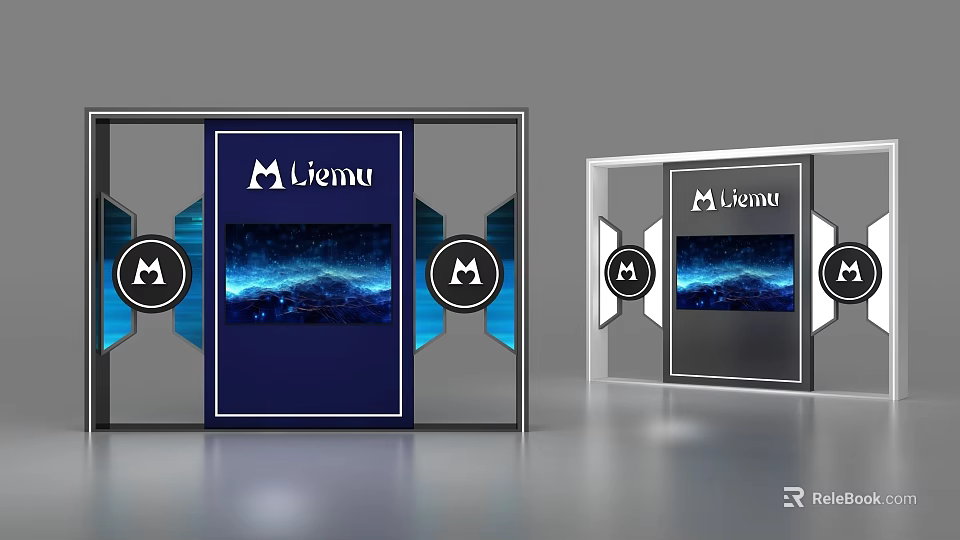 Modern Exhibition Display Shelves Featuring Liemu Logo Blue Screens And Brand Design 3d model 