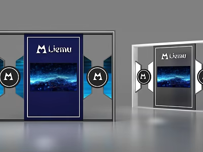 Modern Exhibition Display Shelves Featuring Liemu Logo Blue Screens And Brand Design 3d model