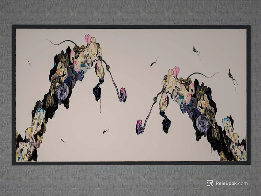 Vibrant Abstract Decorative Artwork With Colorful Flowers And Butterflies On Grey Wall 3d model 