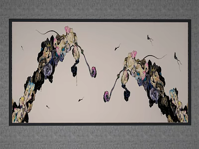 Vibrant Abstract Decorative Artwork With Colorful Flowers And Butterflies On Grey Wall 3d model