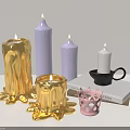 Golden Purple And White Candle Lamps With Melted Design And Pink Holder On Books