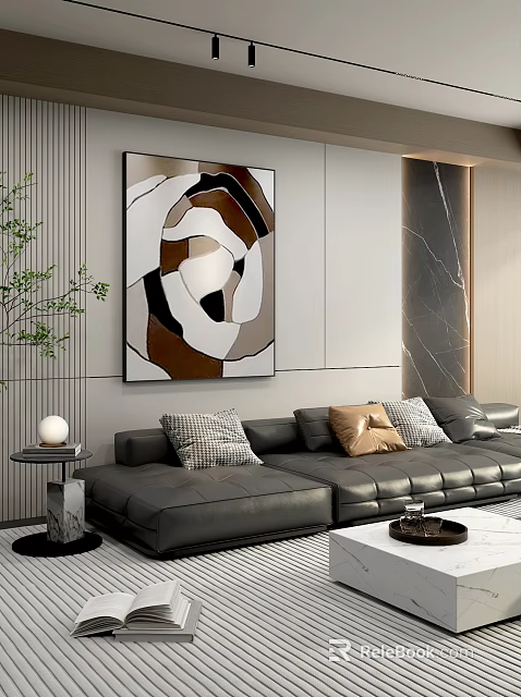 Abstract Painting on Wall in Modern Living Room with Gray Sofa Decorative Pillows Green Plant 3d model 