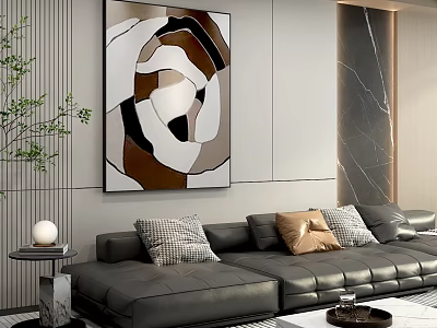 Abstract Painting on Wall in Modern Living Room with Gray Sofa Decorative Pillows Green Plant 3d model
