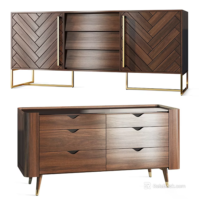 Wooden TV Stand With Herringbone Pattern Drawers And Golden Metal Legs 3d model 