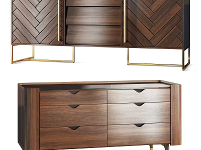 Wooden TV Stand With Herringbone Pattern Drawers And Golden Metal Legs 3d model
