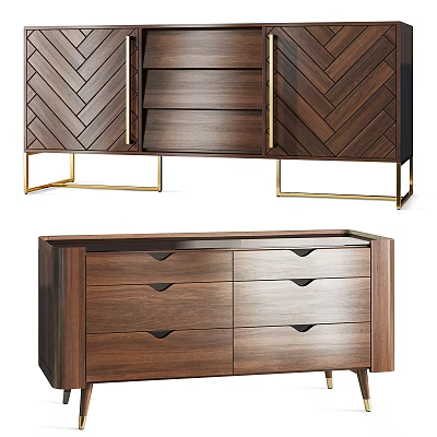 Wooden TV Stand With Herringbone Pattern Drawers And Golden Metal Legs 3d model
