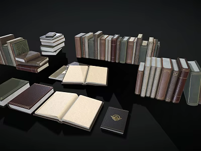 Various Stacked and Open Books with Different Sizes Colors and Covers on Black Background 3d model