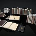 Various Stacked and Open Books with Different Sizes Colors and Covers on Black Background