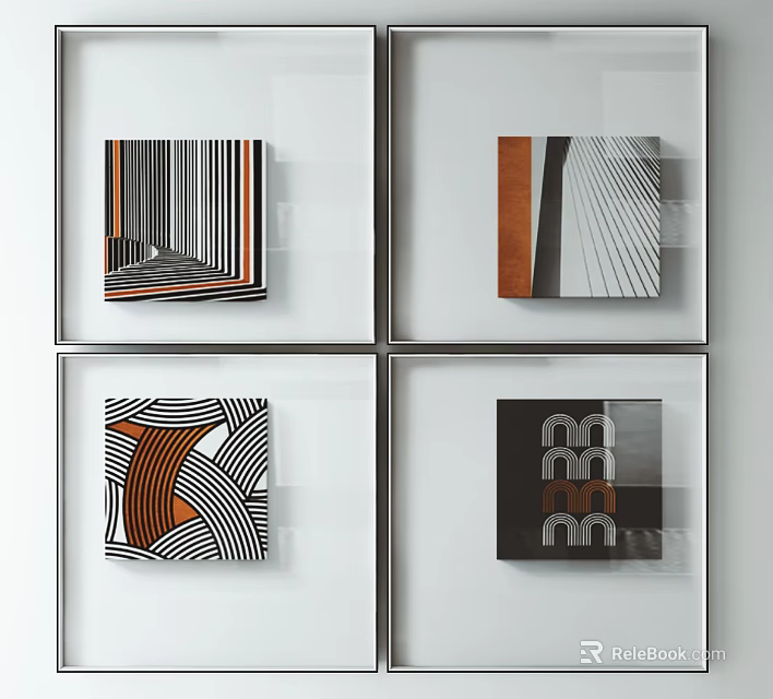 Modern Wall Decor With Four Geometric Pattern Paintings In Glass Frames 3d model