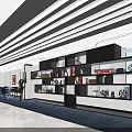 Modern Library Interior With Blue Bookshelves Curved Ceiling Light Strips And White Floor